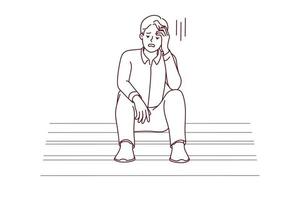 Unhappy young man sit on stairs feel distressed with job loss or failure. Upset male stressed with life or business problems, look for solution. Vector illustration.