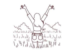 Back view of woman stand in field with hands raised excited with good day. Overjoyed girl enjoy mental health and recovery. Vector illustration.