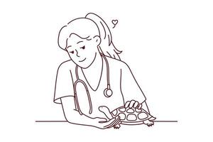 Smiling female veterinarian take care of turtle in hospital. Happy woman vet doctor cure small domestic pet in clinic. Vector illustration.