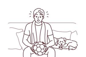 Young man sit on couch watching football game at home. Male sport fan with ball in hands enjoy match indoors. Vector illustration.