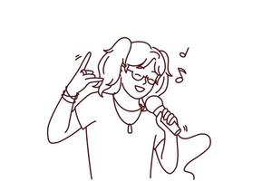 Happy girl have fun singing in microphone in karaoke. Smiling child enjoy leisure time sing song in mic in club. Entertainment and hobby. Vector illustration.