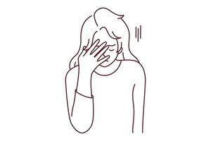 Unhappy young woman make hand gesture suffer from bad news. Upset female struggle with migraine or headache. Vector illustration.