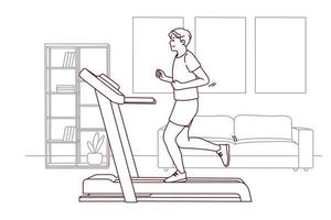 Young sportive man in sportswear running on racetrack at home. Toned motivated male do sports training indoors. Physical activity. Vector illustration.