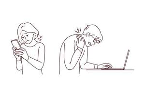 People working on gadgets suffer from neck problems. Users addicted with devices struggle with backache or spinal spasm. Sedentary position problem. Vector illustration.