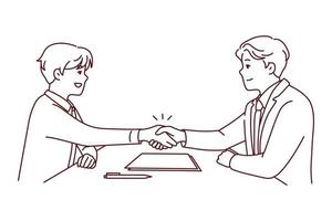 Smiling businessmen sit at desk shaking hands closing deal. Happy male partners handshake make agreement at office meeting. Vector illustration.