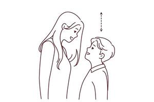 Couple with different height look in eyes. Tall woman and short man contrasting height. Relationship problem concept. Vector illustration.