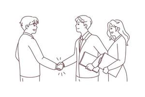 Smiling businesspeople shake hands get acquainted at meeting. Happy business partners handshake close deal or make agreement. Vector illustration.