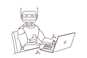 Robot working on computer in office. Modern humanoid typing on laptop. Artificial intelligence concept. Robotic assistant at workplace. Vector illustration.