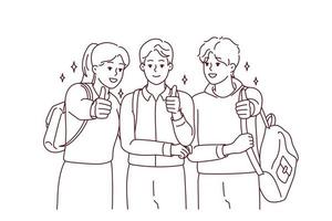 Portrait of happy students with backpack posing together showing thumbs up for good education. Smiling youth recommend college or university. Vector illustration.