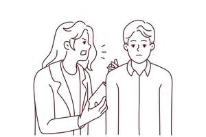 Aggressive annoying woman yelling at tired bored husband. Furious mad wife scream and shout at ignorant man. Relationship problems. Vector illustration.