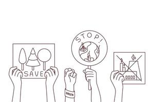 manos de personas demostración carteles y pancartas para planeta proteccion. activistas demostrar para ambiental seguridad, pedir a detener contaminación. vector ilustración.