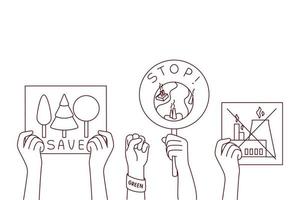 Hands of people showing posters and placards for planet protection. Activists demonstrate for environmental safety, ask to stop pollution. Vector illustration.