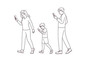 Family with kid walking street holding smartphones. Addicted parents and child using cellphone. Mobile phones and technology addiction. Vector illustration.