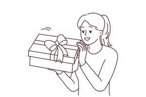 Excited young woman open wrapped present celebrating birthday. Smiling girl unpack gift box with bow. Celebration and party. Vector illustration.