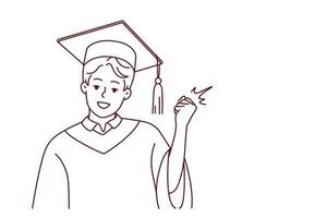 Portrait of smiling male student in mantle and hat make yes hand gesture for successful university graduation. Happy guy graduate in robe. Education. Vector illustration.