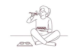 contento joven mujer sentar en piso comiendo Sushi con palillos. milenario hembra disfrutar tradicional japonés comida a hogar. cocina concepto. vector ilustración.