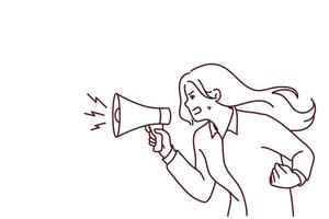 Furious young woman hold megaphone scream loud. Angry girl shout in loudspeaker make announcement lose control. Vector illustration.