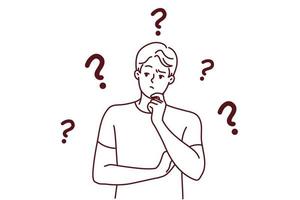 Confused man wondering looking for problem solution. Pensive young guy frustrated with trouble thinking and brainstorming. Vector illustration.