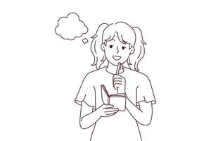 Smiling girl take notes in notebook make plans or dreams. Happy child handwrite in notepad brainstorming or daydreaming. Vector illustration.
