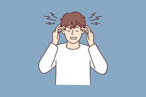 Stressed young man suffer from headache or migraine. Unhealthy distressed male struggle with dizziness and spasm. Stress and anxiety. Vector illustration.