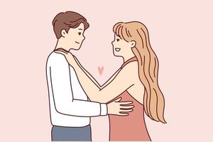 Happy couple in love hugging enjoy romantic date together. Smiling man and woman embracing showing affection and care. Relationship concept. Vector illustration.