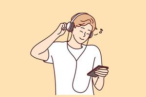 sonriente joven hombre en auriculares escucha a música en Teléfono móvil. contento milenario chico en auriculares disfrutar bueno calidad sonido en teléfono inteligente vector ilustración.