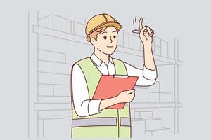 Man in uniform and helmet working in warehouse. Smiling male engineer or mechanic at storehouse or depot. Occupation and profession. Vector illustration.