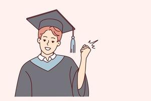 retrato de sonriente masculino estudiante en manto y sombrero hacer si mano gesto para exitoso Universidad graduación. contento chico graduado en túnica. educación. vector ilustración.