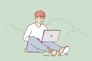 Smiling young man sit on grass in park working on laptop. Happy guy relax outdoors with computer. Freelancer and remote work. Vector illustration.