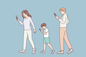 Family with kid walking street holding smartphones. Addicted parents and child using cellphone. Mobile phones and technology addiction. Vector illustration.