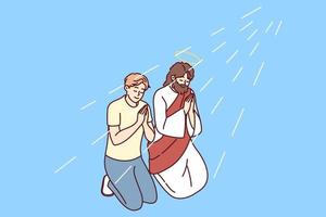 religioso joven hombre arrodillarse cerca Jesús Cristo Orando con manos juntos. masculino creyente orar para bueno vida. religión y fe. vector ilustración.