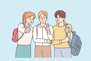 Portrait of happy students with backpack posing together showing thumbs up for good education. Smiling youth recommend college or university. Vector illustration.