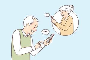 Happy modern grandparents text online on cellphones. Smiling mature man and woman send messages on internet on mobile phone. New technology. Vector illustration.