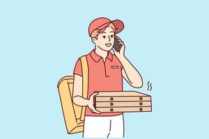 Smiling male courier in uniform deliver hot pizza to client. Happy deliveryman with pizza boxes in hands. Food delivery service. Vector illustration.