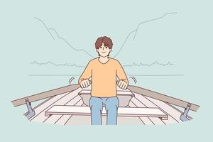 joven hombre remo en barco relajarse en vacaciones en montañas. sonriente chico sentar en Embarcacion disfrutar al aire libre recreación en naturaleza. vector ilustración.