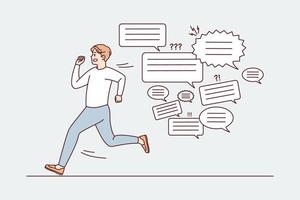 Unhappy stressed man running from messages and text notices. Anxious guy quit notifications feel annoyed and overwhelmed with spam. Vector illustration.