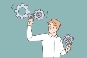 Man with gear mechanisms look for problem solution. Smiling businessman with gears brainstorm search for answer. Vector illustration.