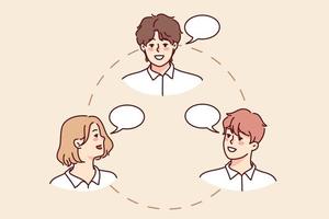 Businesspeople in circle communicate with each other. Smiling employee or workers involved in etambuilding or brainstorming. Teamwork and cooperation. Vector illustration.