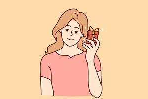 Smiling young woman with present in hands excited with birthday celebration. Happy girl with gift box having anniversary. Vector illustration.