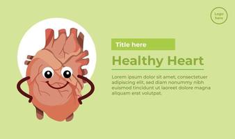 Healthy heart mascot with smiling face and hand gesture with banner and poster layout design isolated on green landscape template with simple and flay art style. Paper or digital print. vector