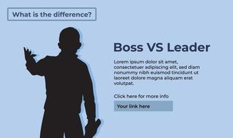 Boss vs leader themed vector banner or poster design template with descriptive text placement guide isolated on gray template. Presentation design with simple flat art style.