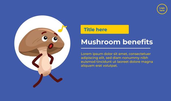 Mushroom benefits with mascot character facial expression and gesture. Banner and poster print design layout isolated template. Simple and flat trendy design with plain blue wallpaper. vector