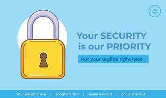 Gold yellow colored padlock tight security privacy themed vector illustration banner or poster card design with text isolated on blue template for social media template, paper card print, website.