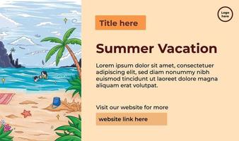 Summer vacation descriptive banner or poster vector illustration with vertical beach illustration isolated on landscape template. Paper print design layout with text placement guides.