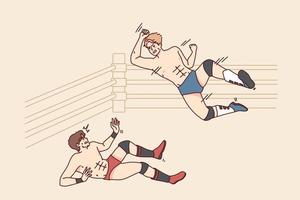 Aggressive men fighting on mma ring. Mad active athletes or sportsmen have no rules fight or battle. Vector illustration.