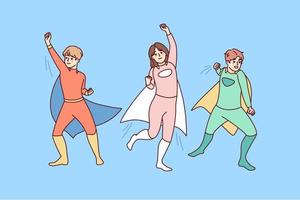 Happy children in superheroes costumer playing together outside. Smiling kids in hero suits enjoy masquerade or carnival. Childhood. Vector illustration.