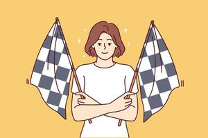 Smiling woman holding two checkered flags to signal for start of car racing competition among drivers. Beautiful girl works as orbitr in street racing competition or karting championship vector