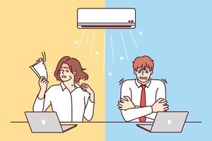 Man and woman sitting at table under air conditioner experience discomfort due to different perceptions of climate. Using office air conditioner to keep warm in winter or cool in summer climates vector