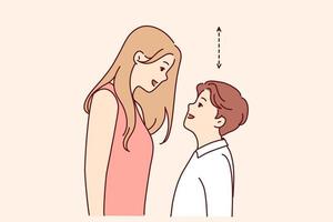 Pareja con diferente altura Mira en ojos. alto mujer y corto hombre contrastando altura. relación problema concepto. vector ilustración.