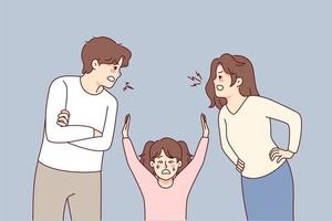 Unhappy little kid suffer from parents arguing. Small child struggle with mom and dad fighting. Domestic violence effect on children. Vector illustration.